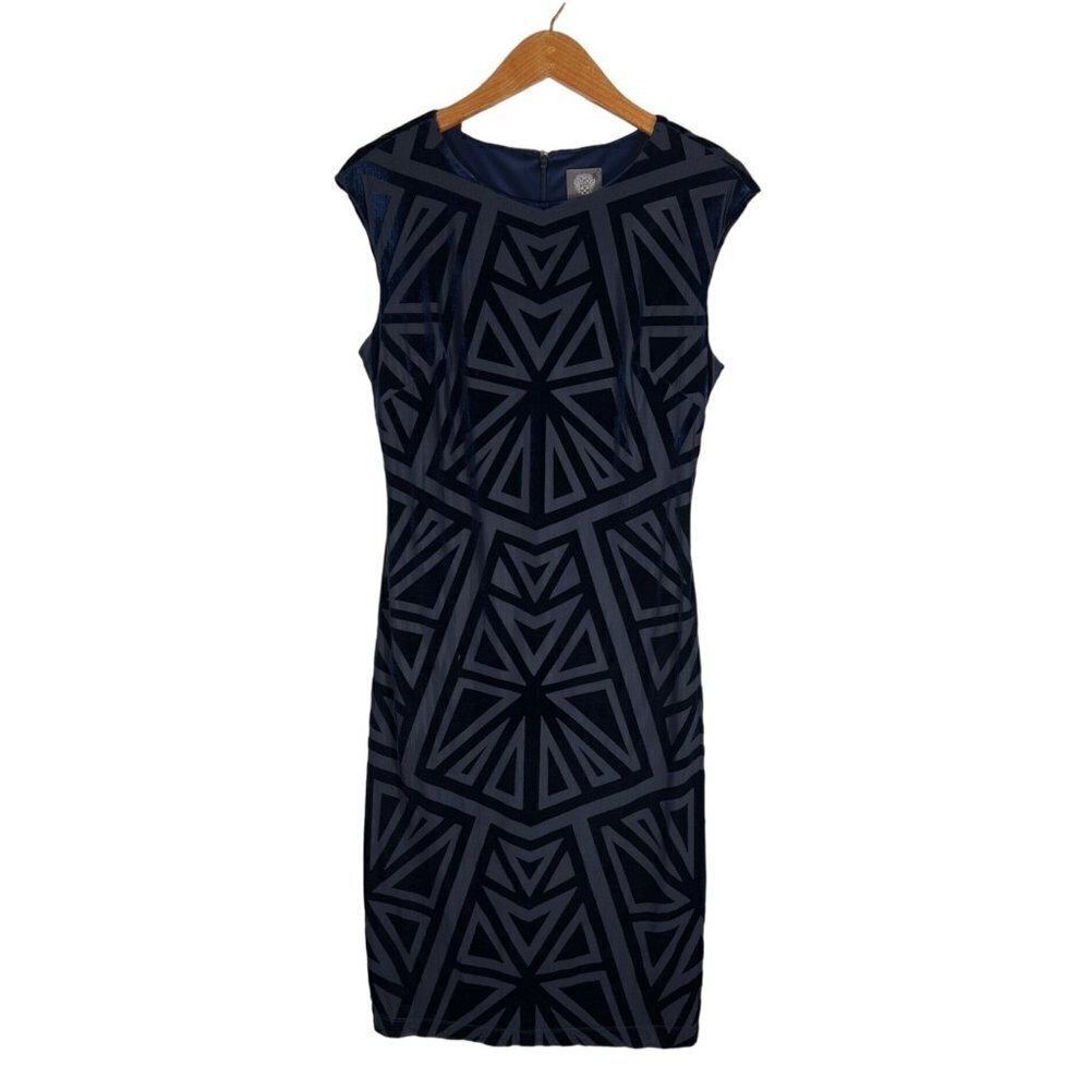 Vince Camuto Womens Size 12 Navy Bodycon Sheath Cap Sleeve Lined Burn Out Velvet